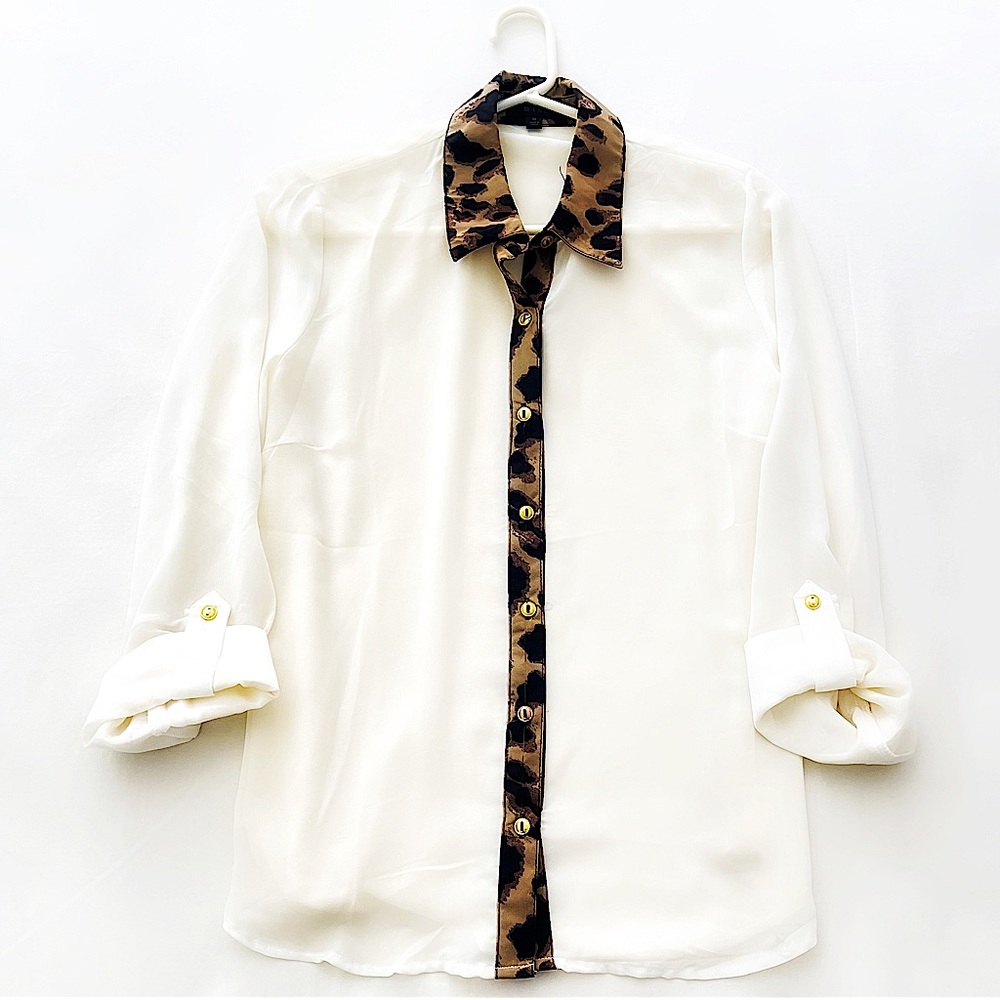 Mine Ivory and Leopard Button Down Blouse